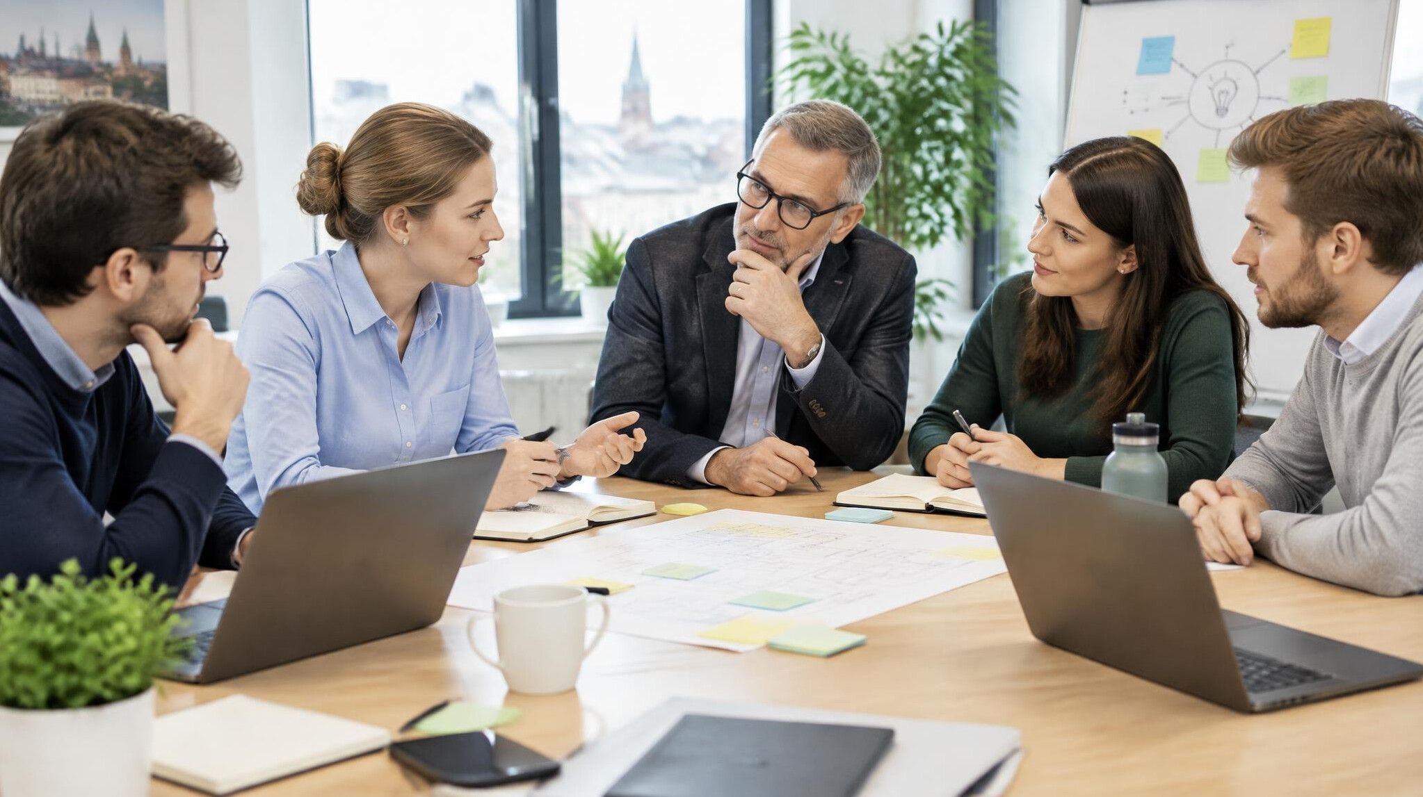 Team of colleagues discussing ideas around a table